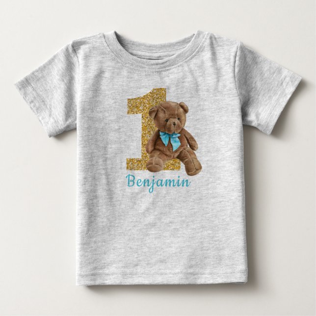 Blått och Guld 1:a födelsedag Nalle Baby T-Shirt (Framsida)