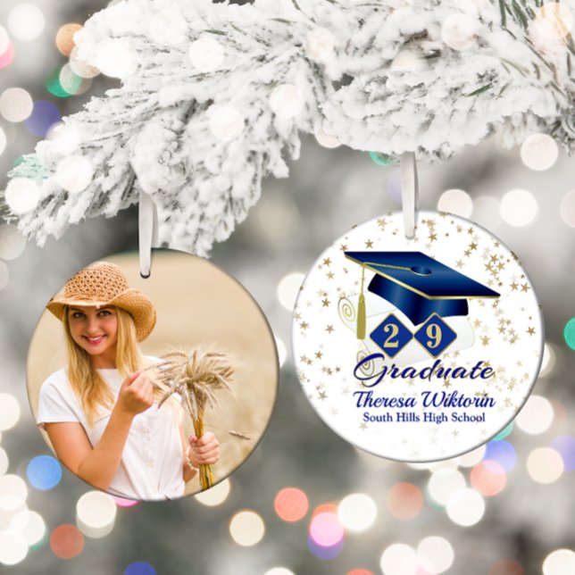 Blått och Guld 20xx Student-foto Julgransprydnad Keramik (Blue and Gold Graduate Photo Ceramic Ornament)