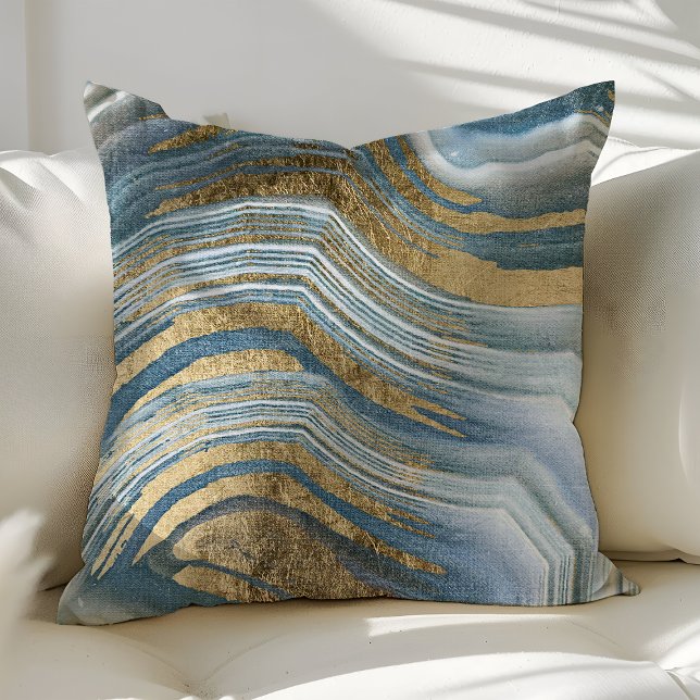 Blått och Guld Agate Gemstone Geode Modern Trendig Kudde (Skapare uppladdad)