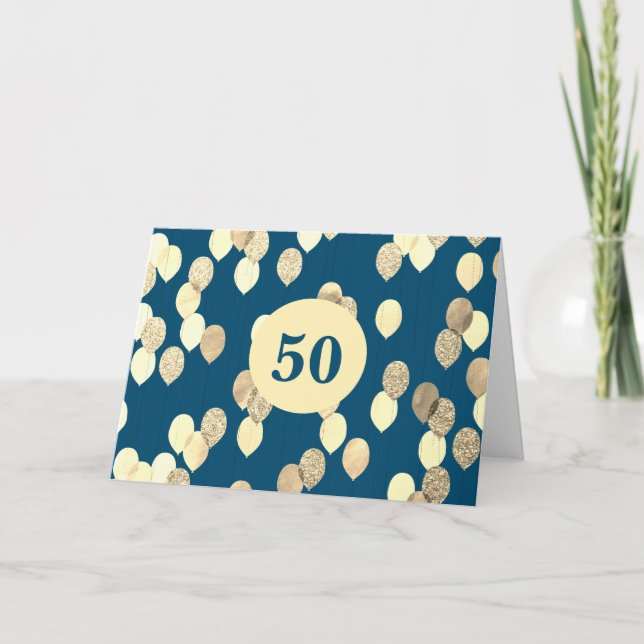 Blått och Guld-ballonger 50:e födelsedagen Kort (Framsida)