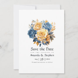Blått och Guld Blommigt Bröllop Spara Datumet