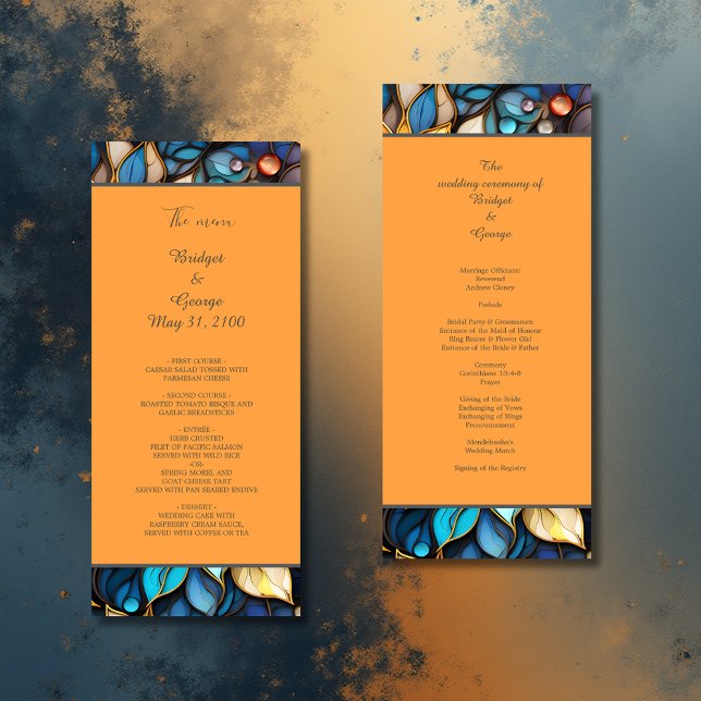 Blått och Guld Blommigt, glasaktigt Elegant bröllo Program (Skapare uppladdad)