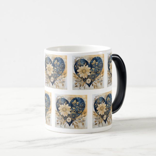 Blått och Guld Boho Flower Heart Art Magisk Mugg (Framsida höger)