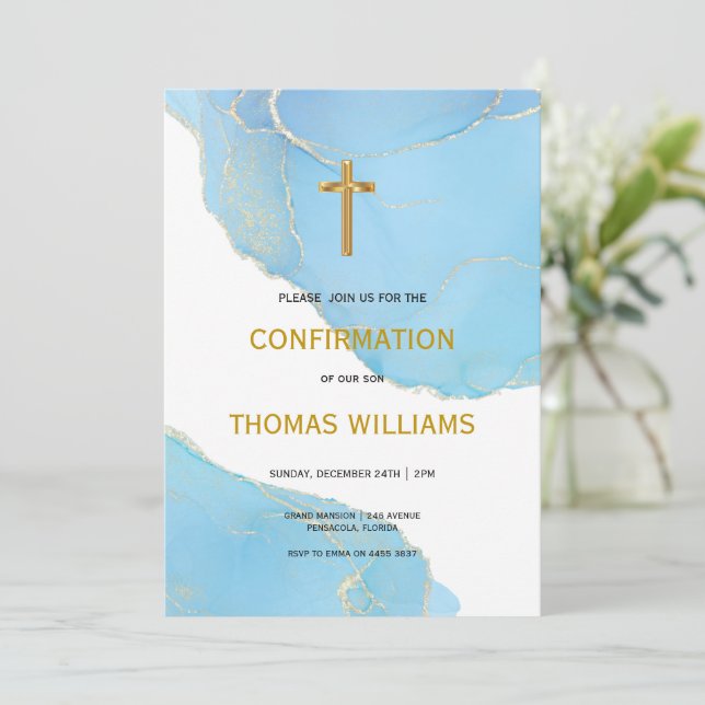 Blått och Guld Boy Bekräftelse Inbjudningar (Stående Fram)