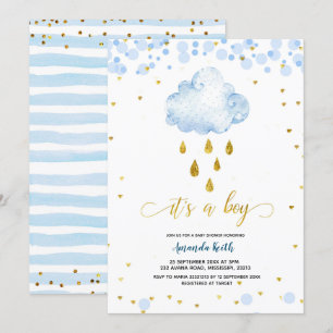 Blått och Guld Boy RainCloud Baby Shower-inbjudan Inbjudningar