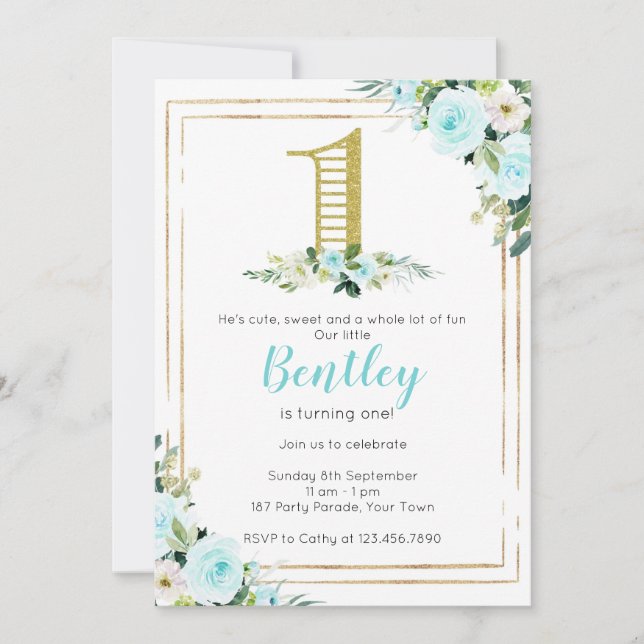 Blått och Guld Boys 1:a födelsedagen Inbjudningar (Framsida)