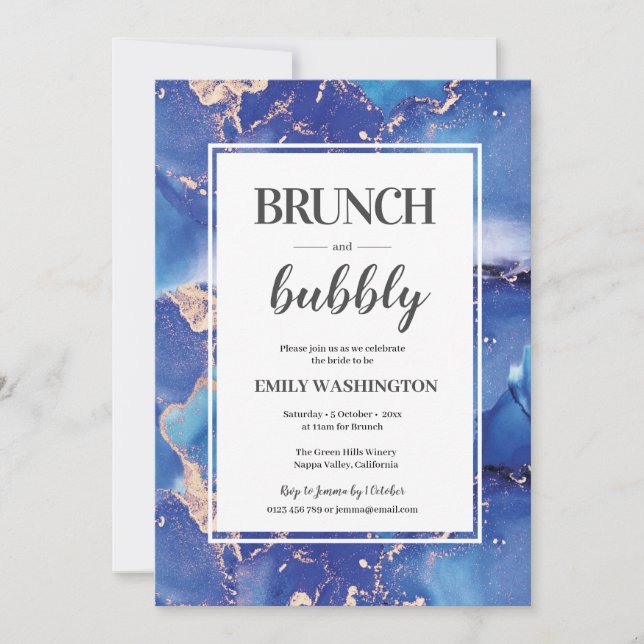 Blått och Guld Brunch & Bubbly-inbjudan Inbjudningar (Framsida)