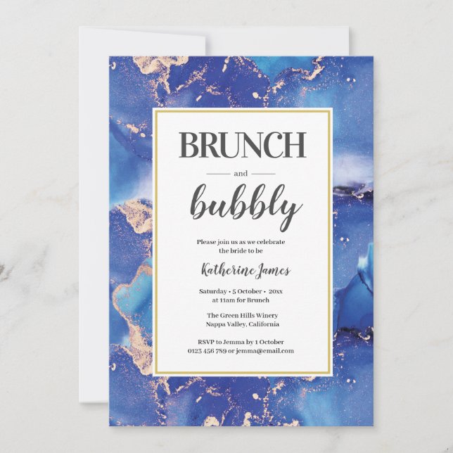 Blått och Guld Brunch & Bubbly-inbjudan Inbjudningar (Framsida)