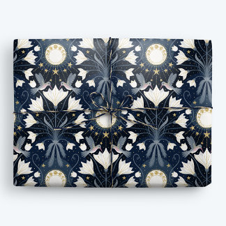 Blått och Guld Elegant Art nouveau Hummingbird Mån Presentpapper