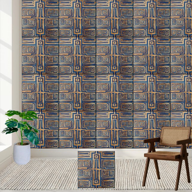 Blått och Guld Geometric Ancient Grekiska Nyckel T Kakelplatta (Blue and Gold Geometric Ancient Greek Key Tile)