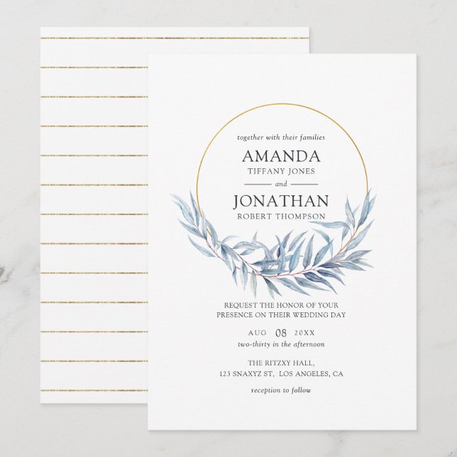 Blått och Guld Geometric Eucalyptus Löv Bröllop Inbjudningar (Fram/baksida)
