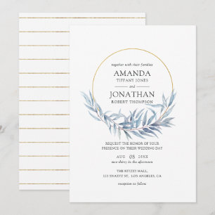 Blått och Guld Geometric Eucalyptus Löv Bröllop Inbjudningar
