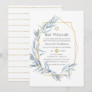 Blått och Guld-geometrisk eukalyptus Bat mitzvah Inbjudningar