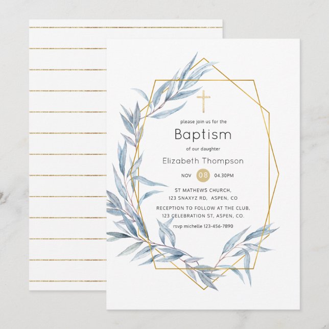 Blått och Guld Geometrisk eukalyptus Löv-baptism Inbjudningar (Fram/baksida)