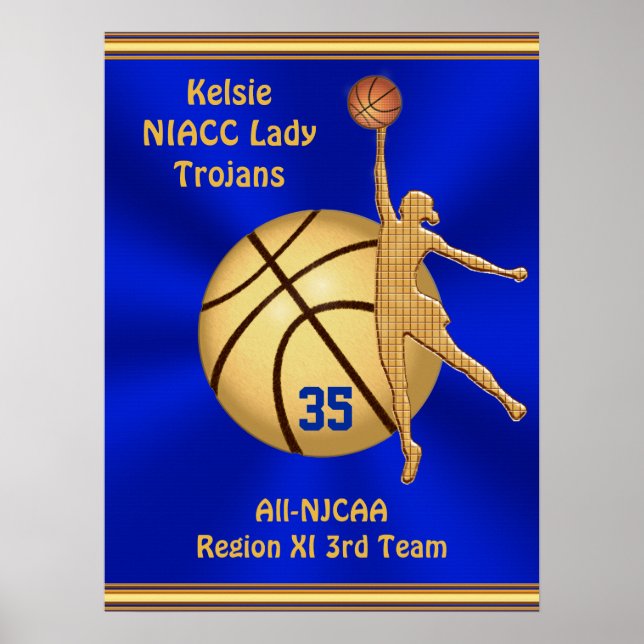 Blått och Guld Girls Basketball Poster, DIN TEXT Poster (Framsidan)