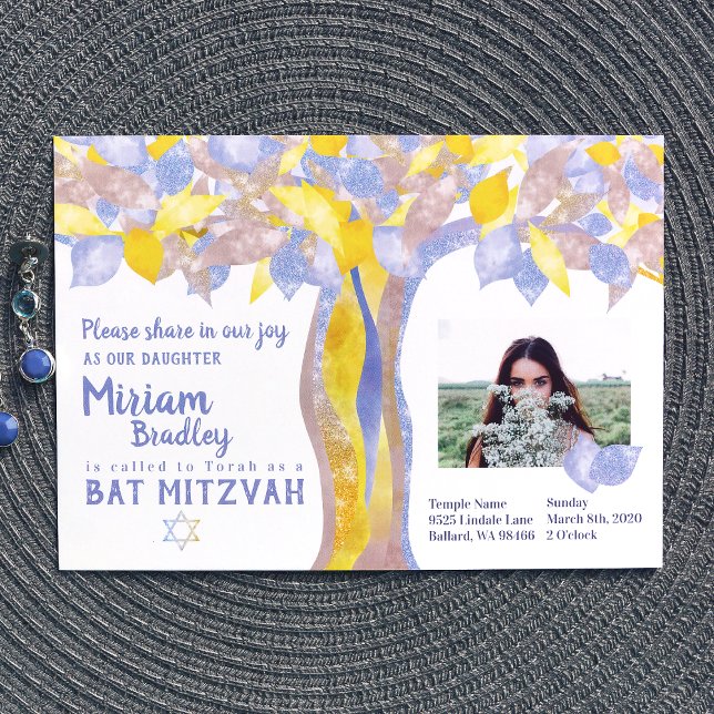 Blått och Guld Glitter Livets träd Bat mitzvah Inbjudningar (light blue and gold twisted tree, tree of life bat mitzvah invitations)