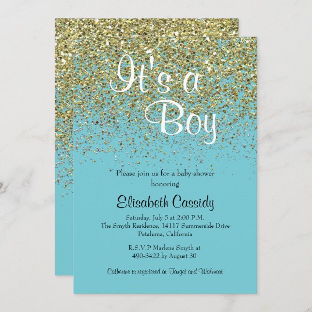 Blått och Guld Glitter, sprinklöda Inbjudan (Fram/baksida)