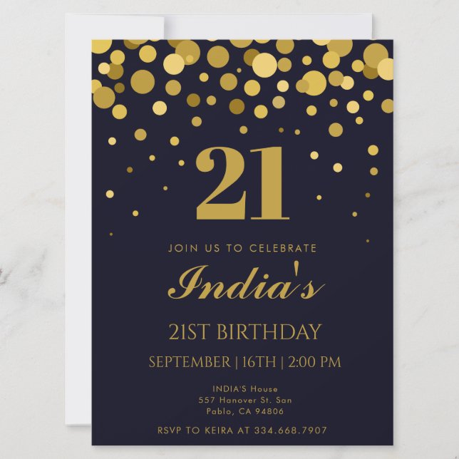 Blått och Guld-konfetti, 21:a födelsedagen Party Inbjudningar (Framsida)