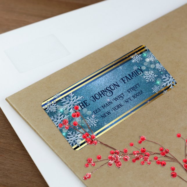 Blått och Guld, magiska julvinter Underland Adressetikett (Skapare uppladdad)