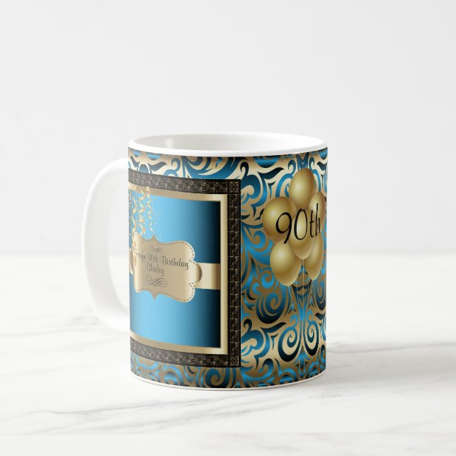 Blått och Guld Metallic Lycklig 90:e födelsedagen Kaffemugg (Framsida vänster)