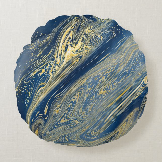 Blått och guld-metalliskt Rund fyllning Rund Kudde (Framsidan)