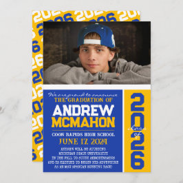 Blått och Guld Modern fotoutannonsering i Studente Inbjudningar