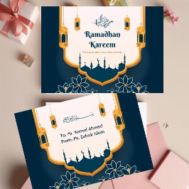 Blått och Guld Modern Ramadhan Kareem-hälsningskor Anteckningskort