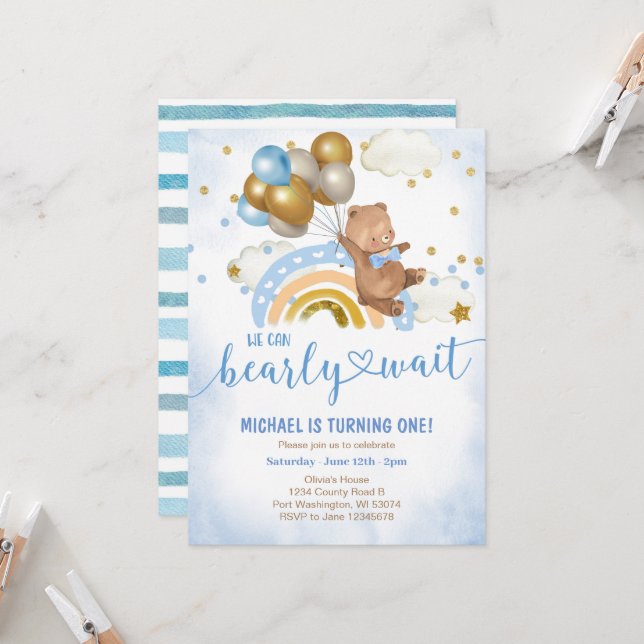 Blått och Guld-Nalle, Födelsedagsfest  Inbjudningar (Fram/Back In Situ)