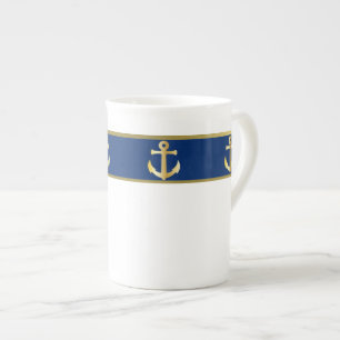 Blått och Guld Nautical Bone China Mugg Benporslin Mugg