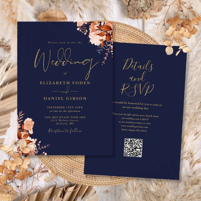 Blått och Guld QR-kod för sjöbröllop Inbjudningar (Navy Blue And Gold QR Code Fall Wedding Invitation)