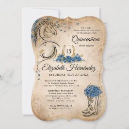Blått och Guld Quinceanera Rustic Horse Birthday Inbjudningar