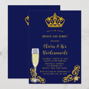 Blått och Guld Royal Krona Brunch och Bubly Inbjudningar