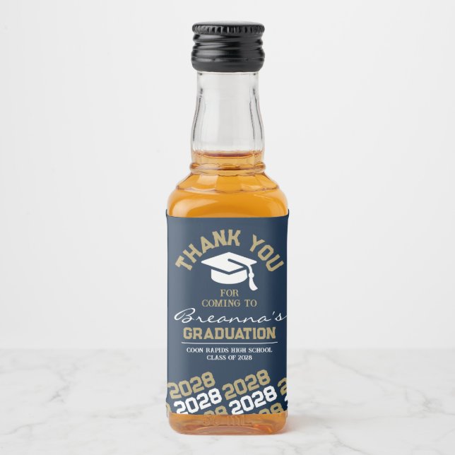 Blått och Guld Studenten Tack Mini Spritflaskor Etikett (Framsida)