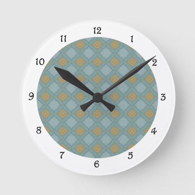 Blått och Guld Tiled Mönster Clock Rund Klocka (Framsida)
