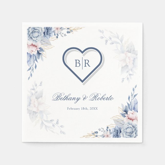 Blått och Guld vattenfärg Blommigt Bröllop Napkins Pappersservett (Framsidan)
