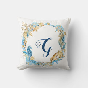 Blått och Guld vattenfärg under Sea Monogram Kudde