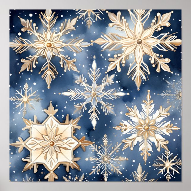 blått och guld vattenfärgssnowflake-utskrift poster (Framsidan)
