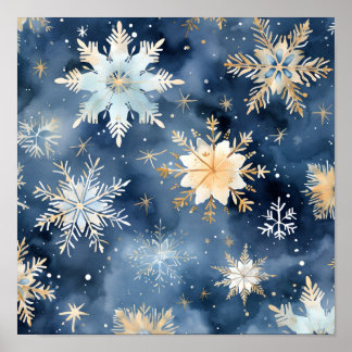 blått och guld vattenfärgssnowflake-utskrift poster