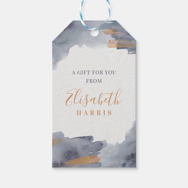 Blått och guld vattenfärgssvalp presentetikett (Framsidan)