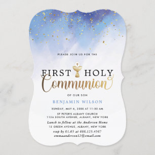 Blått och Guld Watercolor Boy First Heliga Commune Inbjudningar