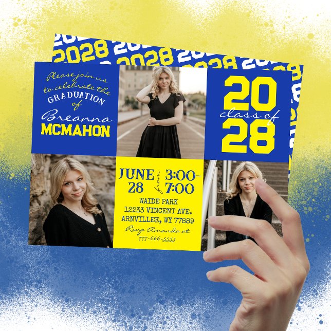 Blått och Gult 3-fotoinbjudan till Studenten Inbjudningar (Unique Blue and Yellow 3 Photo Graduation Invitations)