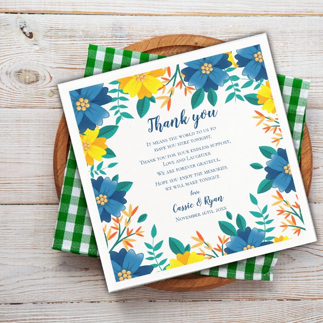 Blått och Gult Blommigt Bröllop Tack för meddeland Pappersservett (Blue and Yellow Floral Wedding Thank you Message Napkins)