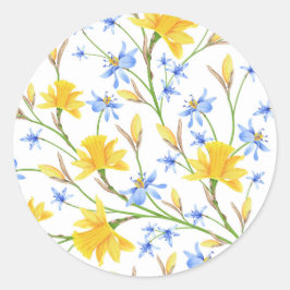 Blått och Gult Blommigt-etikett Runt Klistermärke