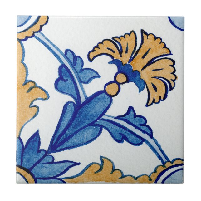 Blått och Gult Blommigt för Medelhavets vattenfärg Kakelplatta (Framsidan)
