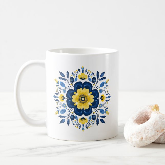 Blått och gult blommönster kaffemugg (Med munk)