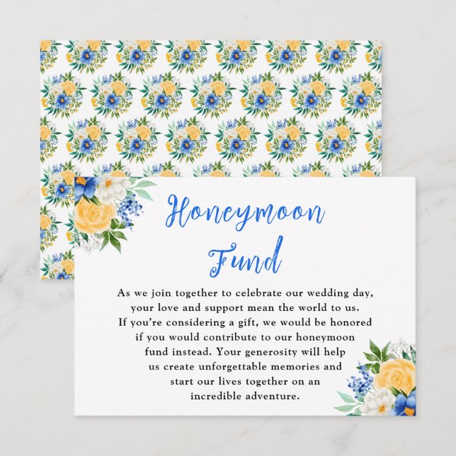 Blått och gult blomsterbröllop Smekmånadsfond Tilläggskort (Fram/baksida)