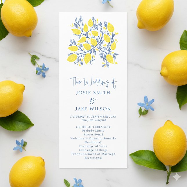 Blått och Gult Botaniskt ljusa bröllop Program (Pretty and bright lemons with blue vines wedding program.)