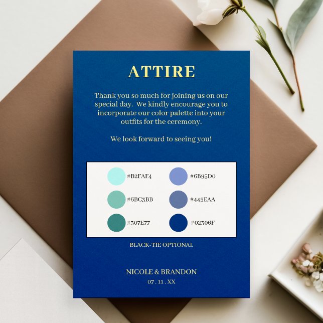 Blått och Gult Bröllop Attire Färg Palette Tilläggskort (Blue & Yellow Wedding Attire Color Palette Enclosure Card)
