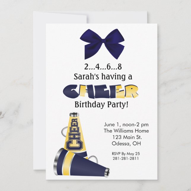 Blått och Gult Cheer Birthday-inbjudan Inbjudningar (Framsida)