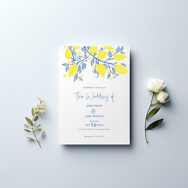 Blått och gult citronviner söt bröllop inbjudningar (Lemon branch illustration, vibrant yellow lemons and delicate blue leaves wedding invitation.)